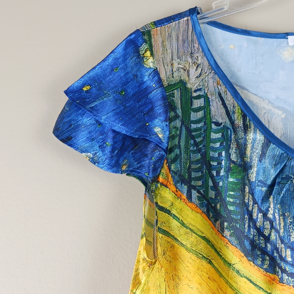 GALLERIA ENTERPRISE| Artsy City Cafe Print Slip Dress Lightweight Size Large - Picture 5 of 10